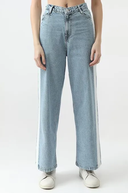 Light Blue Solid Full Length Casual Women Wide Leg Jeans